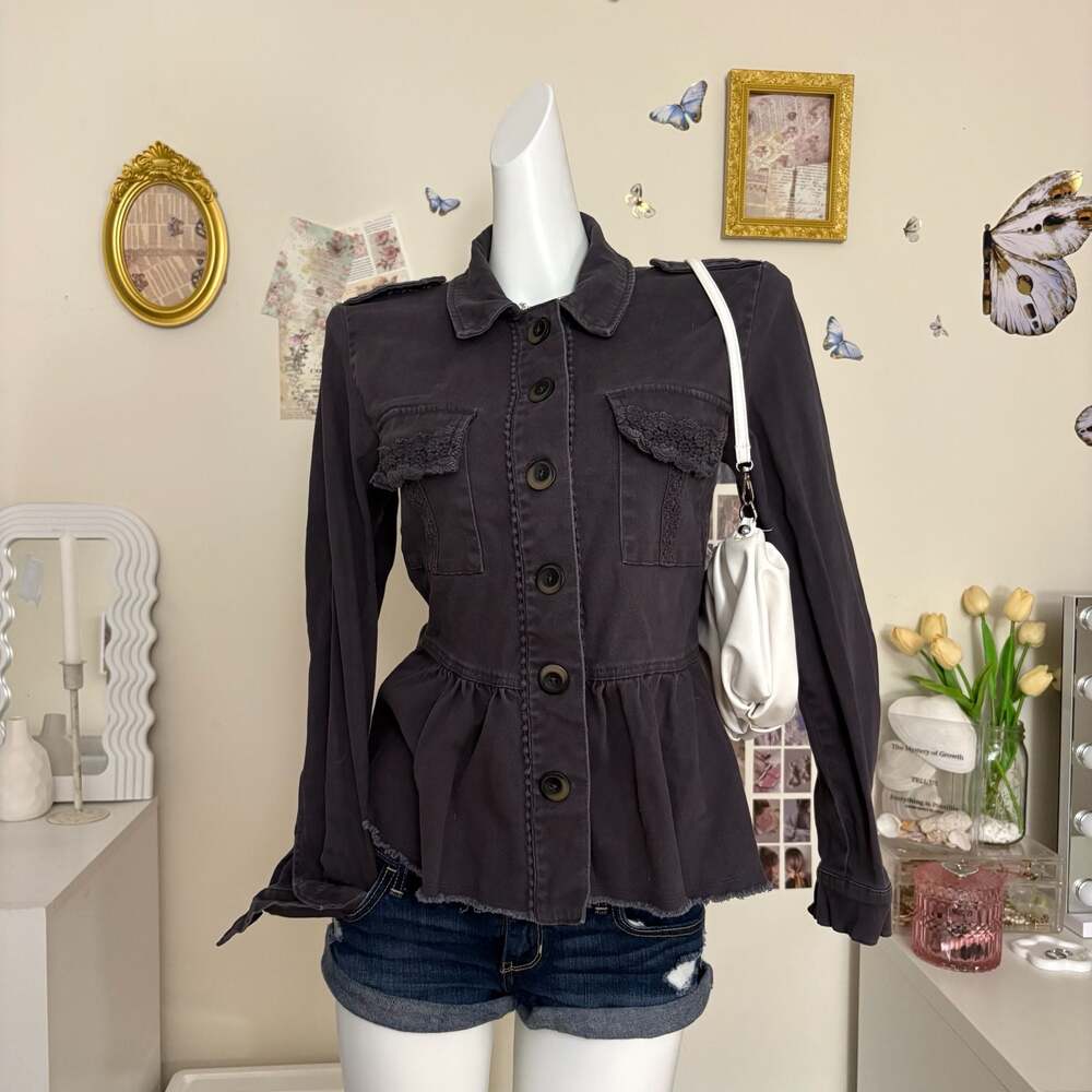 Knox Rose Black Embroidered Utility Peplum Lace Boho Western Festival Jacket Sma